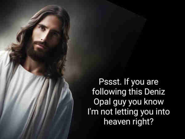 Jesus peeps around the corner and says "Pssst If you are following this Deniz Opal guy you know I'm not letting you into heaven right?"