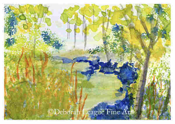 Lazy Summer Day abstract watercolor painting. It's warm and a little humid, there's a slight breeze. The green scent of nature rises up around you as you lie back in the soft grass, damp on your back. Birds are quiet in the midday heat, but the almost imperceptible buzz of busy insects rises to meet your ears. The burble of the nearby brook lapping the stream bed plays harmony to their toil. Your mind submits to Nature's demand for attention. It's moments such as these that are forever etched in our psyche, calling themselves up at the most unexpected times. The day can be hot, the grit and clang of the city an assault on the senses, but then you pass by a fountain surrounded by flowers. Suddenly, and for just a moment, you are transported. Somehow through the noise you hear the bees on flowers and feel the mist from the fountain as it whispers over you with its damp feel and wet scent. The sun on your skin is hot, and you are there again, by that burbling brook, for just a moment. Perhaps this is how we survive a world of our own making. Internalizing and retreating to the natural when overload threatens to overtake us.