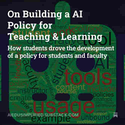 A word cloud of the policy in the shape of a robot head.  Overlaid on it is the title of the post: On Building a AI Policy for Teaching & Learning