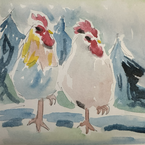 Two chickens done in cool colors