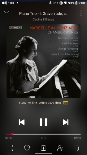 Screenshot of HiRes audio player featuring album cover. It is black and white and shows Marcelle de Manziarly reading sheet music sitting in front of a piano. 