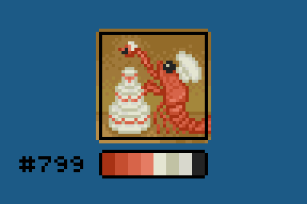 Pixel art of a shrimp in a chef's hat putting a bride and groom (shrimp) topper on a tiered wedding cake.