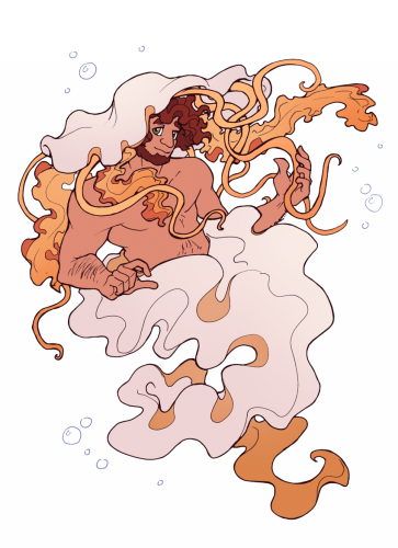 Atlas as a jellyfish merman, with a hat and "tail" as well as tendrils inspired by a lion's mane jellyfish. His smile is soft, almost melancholic.