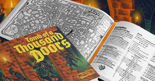 mockup of the book "tomb of a thousand doors" with a mega dungeon map in black and white and adventurers mice on the cover.