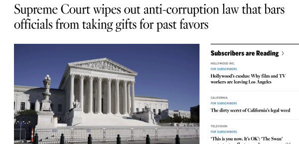Headline Supreme Court wipes out anti-corruption law that bars officials from taking gifts for past favors

The Supreme Court is and has been illegitimate 