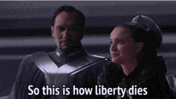 Picture of one of the star wars movie with Padmé saying "So this is how liberty dies"