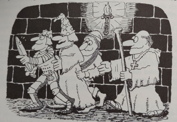 A fighter in plate mail, a wizard in robes and a pointy hat, a thief with rope coiled around his shoulders, and a priest in robes are walking down a dungeon corridor. The thief has his hand in the wizard's pocket.