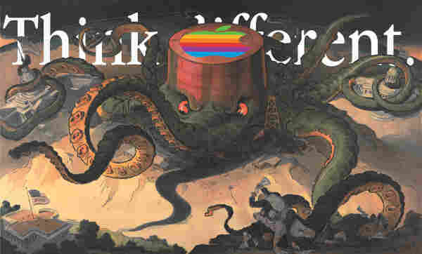 An early 20th century trustbusting cartoon from Punch depicting the Standard Oil company as a world-girding, fanged octopus, its tentacles gripping the US Capitol, a generic statehouse, the White House, and a cluster of screaming, tuxedoed politicians. The Apple 'Think Different' wordmark has been placed in the background above the octopus. The top of the octopus's head bears an original Apple '6-color' logo.