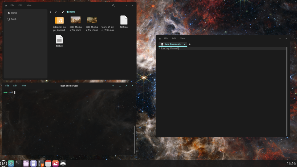 Redox OS showing three apps. COSMIC Files is in the top left, COSMIC Terminal is in the bottom left, and COSMIC Edit is on the right. The Orbital launcher is at the bottom.