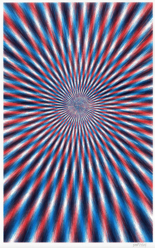 Red and blue spirals making white and black moire spirals 