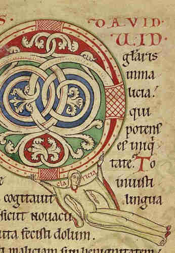An enlarged view of illuminated (or illustrated) text from a psalter.  The first letter of the text is a large and ornate 'Q' and amidst the Latin text surrounding is a tiny woman holding on to it and swinging her legs out, almost as if on a trapeze, or sitting on a swing that isn't there.

In the narrow space between the Q & her shoulders is her name, in very small letters.

(Additional info from Wikipedia: A psalter is a volume containing the Book of Psalms, often with other devotional material bound in as well, such as a liturgical calendar and litany of the Saints. Until the emergence of the book of hours in the Late Middle Ages, psalters were the books most widely owned by wealthy lay persons. They were commonly used for learning to read. Many Psalters were richly illuminated, and they include some of the most spectacular surviving examples of medieval book art.)