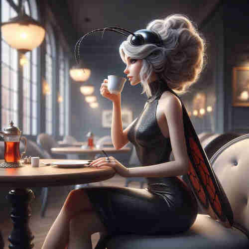 a beautiful female bug in a classy dress in a cozy cafe, drinking tea.
