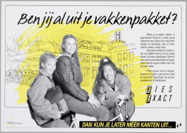 A Dutch poster with three teenage girs in nineties gear (on a bike), encouraging girls to pick natural sciences in high school