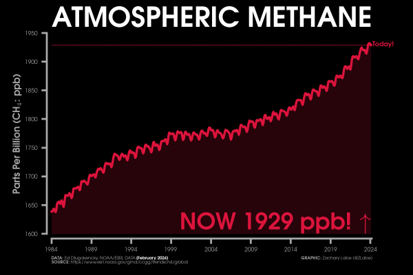 Red colored line graph time series of global atmospheric methane abundance from January 1984 through February 2024. Methane abundance is measured in units of parts per billion. Current levels are 1929 ppb. A seasonal cycle is visible on the graph. There is also decadal variability and a long-term increasing trend.