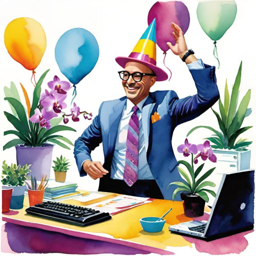 An AI generated image of an office worker celebrating at his desk. Orchid plants are all around.
