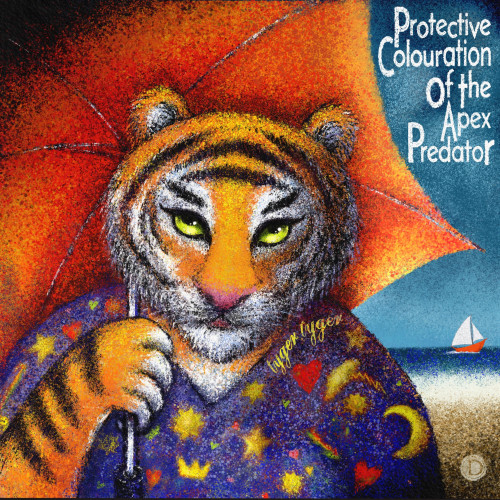 A colourful illustration of a tiger in a blue celestial-type t-shirt, holding an orange umbrella. It is standing on a beach with a small red sailboat sailing away over a blue ocean.