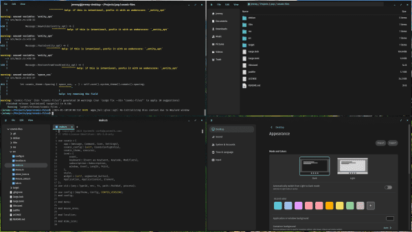 COSMIC applications in dark mode, with cosmic-term in the top left, cosmic-files in the top right, cosmic-edit in the bottom left, and cosmic-settings in the bottom right