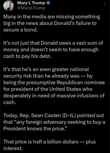 Snapshot of a an X-post by Mary L Trump
(@MaryLTrump). The post reads:

Many in the media are missing something big in the news about Donald's failure to secure a bond.

It's not just that Donald owes a vast sum of money and doesn't seem to have enough cash to pay his debt.

It's that he's an even greater national
security risk than he already was — by
being the presumptive Republican nominee for president of the United States who desperately in need of massive infusions of cash.

Today, Rep. Sean Casten (D-IL) pointed out that "any foreign adversary seeking to buy a President knows the price."

That price is half a billion dollars — plus
interest.