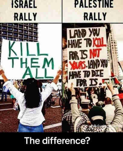 Side by side pictures:
- Kill them all (Israeli rally)
- Land you have to kill for is not yours, Land you have to die for is.