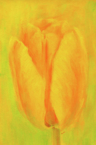 Golden Tulip is an acrylic painting in portrait format hand-painted by the artist Karen Kaspar.
Against a lemon-yellow background stands a tulip blossom whose petals glow in a warm golden yellow. The flower and the abstract background are painted with loose brushstrokes. The impressionistic style conveys the delicate form of the tulip with a sense of movement and the colours suggest warmth and optimism.
