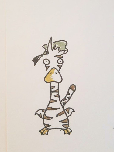 a simplified Duck disguised as a tiger with brown stripes
a hat on his head 
brown, yellow, green
black borders 