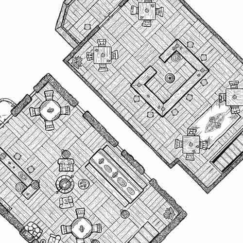 back-and-white battlemap depicting a tavern with a wooden floor, many tables, a fireplace and a taproom on the second floor.