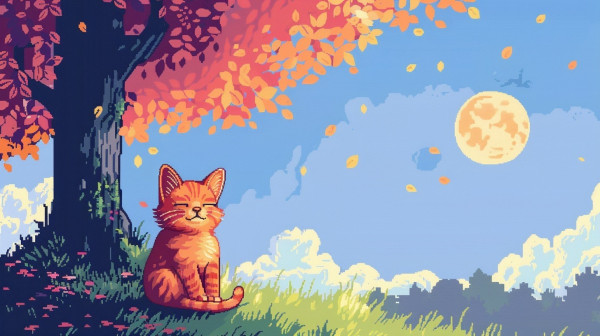 A pixel art illustration of a serene outdoor scene featuring a contented orange cat sitting under a large tree with autumn-colored leaves. The cat has its eyes closed, appearing to bask in the sunlight. The sky is clear blue, with a large yellow moon or sun in the background and a few leaves falling gently. The ground is covered with green grass and scattered pink flowers, giving the scene a peaceful and idyllic atmosphere.
