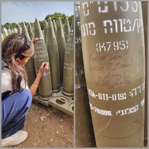 "I’m not anti-Semitic at all, but I am anti-Zionist. I don’t believe they have the right, after 3,000 years, to reclaim the land with western bombs and guns on biblical injunction."

— James Baldwin

image: former US ambassador to the UN Nikki Haley signs "finish them" on a bomb intended to be dropped on the Palestinians.
