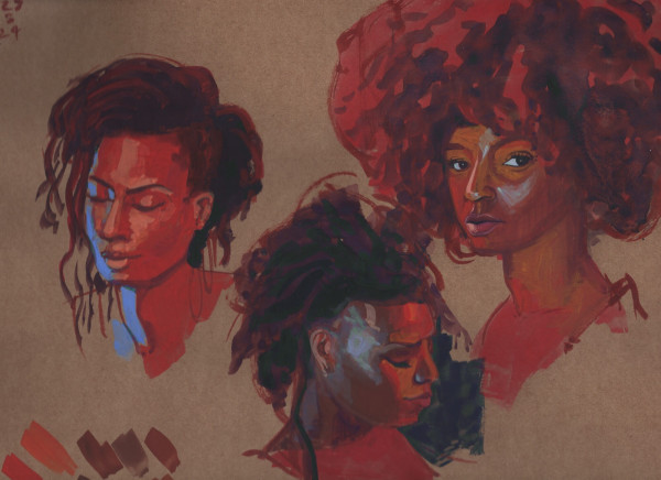 a horizontal page in a tan sketchbook with three head studies of a black woman done primarily in warm red and brown tones
