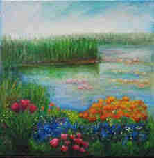Painting of a light blue and green pond with touches of pink and yellow in it, surrounded by high green grass and pink, blue and orange flowers in the foreground. The sky is light blue with many white clouds. 