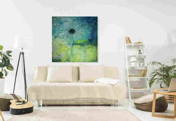 Dandelion Abstract in living room setting - A vibrant blue and green color palette dominates the image, highlighting the textured representation of a dandelion in bloom. The abstract style captures the flora’s delicate details against a roughly painted background, giving the piece a dynamic, impressionistic feel. Artist Iris Richardson, Gallery Pictorem, ArtHero and Pixel