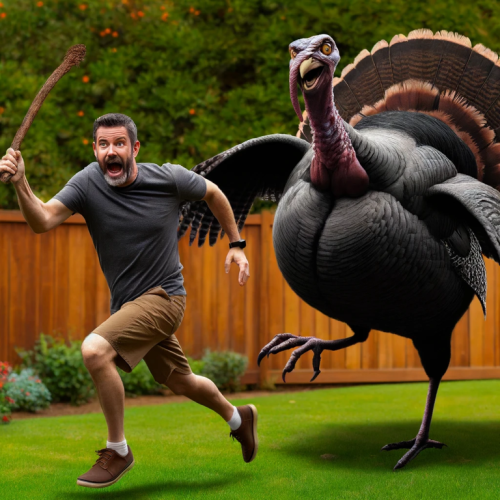 A man in a gray T-shirt and brown shorts is frantically running away from a large, menacing turkey. He looks over his shoulder with an expression of terror and swings a stick behind him, trying to fend off the turkey which has its beak open in a threatening pose. The turkey’s exaggerated size and fierce demeanor add a comical yet slightly thrilling aspect to the scene set in a suburban backyard.