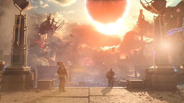 A beautiful landscape of a city in war, with giant statue on the right, partially covered sun close to the middle, all covered in dust