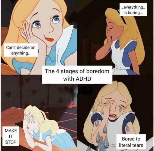 A meme featuring four different expressions of Alice from the animated film “Alice in Wonderland.” The meme is titled “The 4 stages of boredom with ADHD” and each panel illustrates a different stage:

1.	The top left panel shows Alice with her hand on her cheek, looking up with a slightly dazed expression. The caption reads, “Can’t decide on anything.”

2.	The top right panel shows Alice leaning forward with her hand on her face, looking tired and uninterested. The caption reads, “…everything is boring…”

3.	The bottom left panel shows Alice with her head resting on her arm, looking extremely frustrated. The caption reads, “MAKE IT STOP.”

4.	The bottom right panel shows Alice crying with tears streaming down her face. The caption reads, “Bored to literal tears.”

The meme humorously represents the intense boredom and frustration experienced by someone with ADHD.