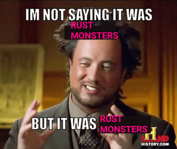 Picture of a man in a nice suit with kind of disheveled hair holding up his hands and saying:
I'm not saying it was RUST MONSTERS but it was RUST MONSTERS.
