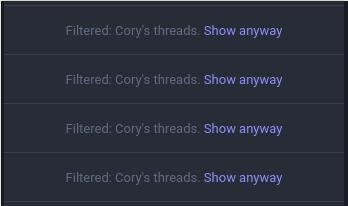 A screen shot showing a number of filtered posts labelled "Cory's threads"