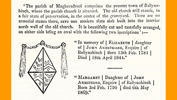 Transcript of a gravestone inscription along with a drawing of a coat of arms that was carved on the gravestone and related commentary.