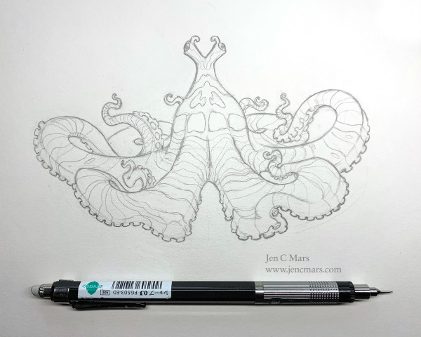 A sketchy pencil drawing of an octopus with tall protruding eyes in a "Y" shape from the top of its head, and wide, flat coiling tentacles. It has sketched-in stripes. A mechanical pencil is also pictured.