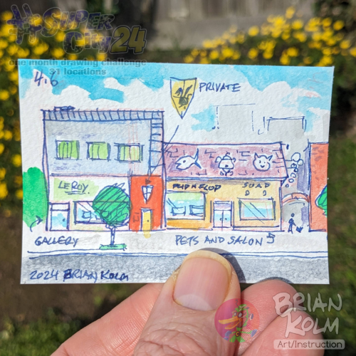 A small trading cards sized ink sketch with watercolor, horizontal. A street (left to right) with a swank gallery with living space above, a red walled door with a shield over it, and the flip n flop which is a pet store and salon.