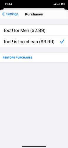 Screenshot of the in app purchases in Toot.   The $3 one gets an extra icon pack, the $10 is purely a donation.