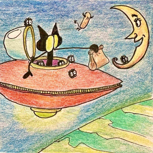 Drawing of a little gremlin riding a flying saucer and delivering moon cakes 

Zeichnung eines kleinen Gremlin, der eine fliegende Untertasse reitet und Mondkuchen liefert