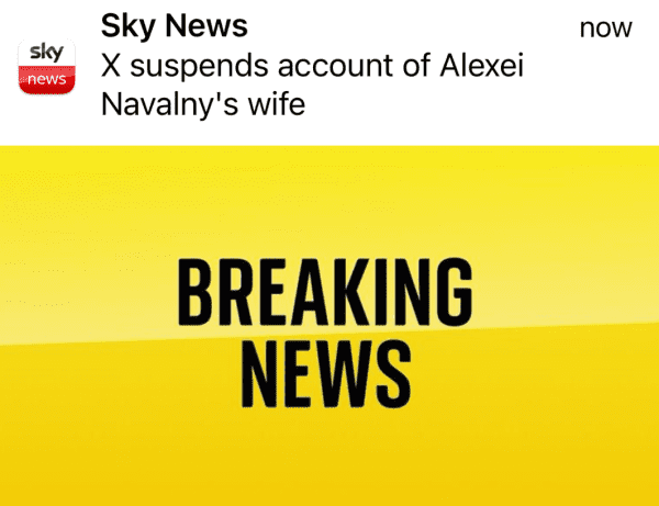 Sky News breaking news: X suspends account of Alexis Navalny’s wife