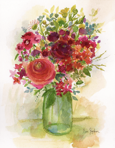 A watercolor painting of a bouquet of flowers, featuring pink ranunculus flowers and burgundy colored flowers with lots of little flowers in a vintage glass jam jar that is green. This is on a white background. 