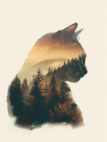 An elegant double exposure artwork that features the silhouette of a cat, which is filled with a scenic forest and mountain landscape. The cat's profile, facing right, is sharply defined against a light, almost white background.

Inside the silhouette, a lush forest of pine trees stretches upwards, their dark green needles creating a striking contrast against the lighter tones of the background. The landscape within the cat also includes rolling hills and distant mountains, bathed in the warm, golden light of either sunrise or sunset. The lighting adds a serene and ethereal quality to the scene, casting a soft glow over the entire composition.

The intricate blending of the cat's outline with the natural elements symbolizes a harmonious connection between the feline form and the beauty of the wilderness. The image evokes a sense of tranquility and oneness with nature, highlighting the peaceful coexistence of animal life and the natural world.