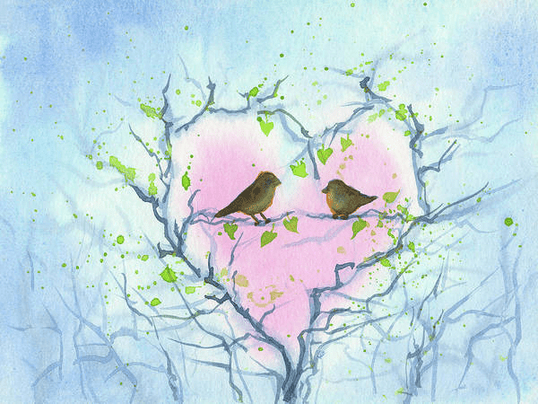 Early Morning Rendezvous is a watercolor painting in landscape format painted by the artist Karen Kaspar. Two sweet little birds sit opposite each other in a bush and look at each other. The dense branches of the bush form a heart shape around the two birds. The rest of the bush can only be seen blurred in the light blue morning mist. The two birds are depicted as silhouettes in front of the rising sun in a delicate pink heart shape and surrounded by green heart-shaped leaves.
This watercolour painting is the ideal gift for lovers - for Valentine's Day, a birthday, a wedding anniversary or just to say "I love you".