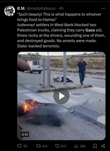 Israeli terrorist bragging about attacking humanitarian food aid in occupied West Bank.