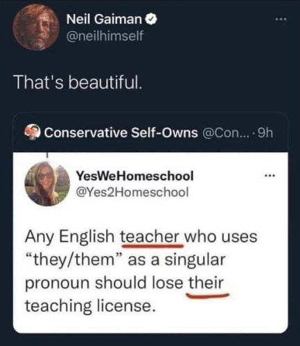 Neil Gaiman & @neilhimself That's beautiful. @Yes2Homeschool Any English teacher who uses "they/them" as a singular pronoun should lose *their* teaching license.