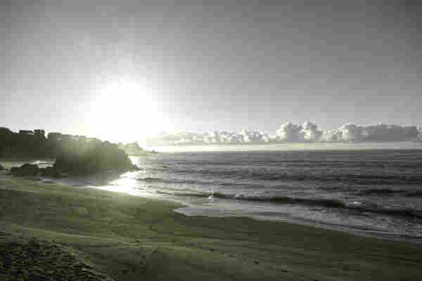Im Vordergrund ein Sandstrand, der von Felsen eingefaßt ist. Rechts und im Hintergrund der Ozean. Über dem Wasser eine Wolkenkette. Die Sonne geht gerade auf und taucht die Szene in eine blasses Licht.