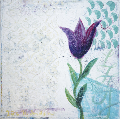 Abstract White and Blue 2 -Abstract White and Blue 4 - Distressed floral white with elegant blue curls and a tulip. Artist Iris Richardson, Gallery Pictorem