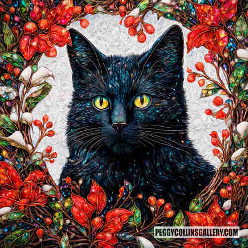 Artwork of a black cat surrounded by a wreath of holly boughs, by artist Peggy Collins.